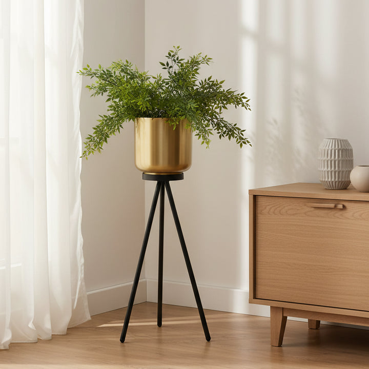 Porta Maceta Dorada Pedestal Negro L