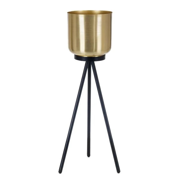Porta Maceta Dorada Pedestal Negro M