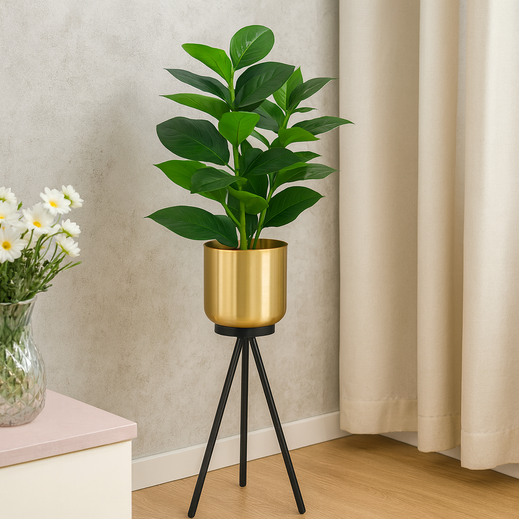 Porta Maceta Dorada Pedestal Negro S