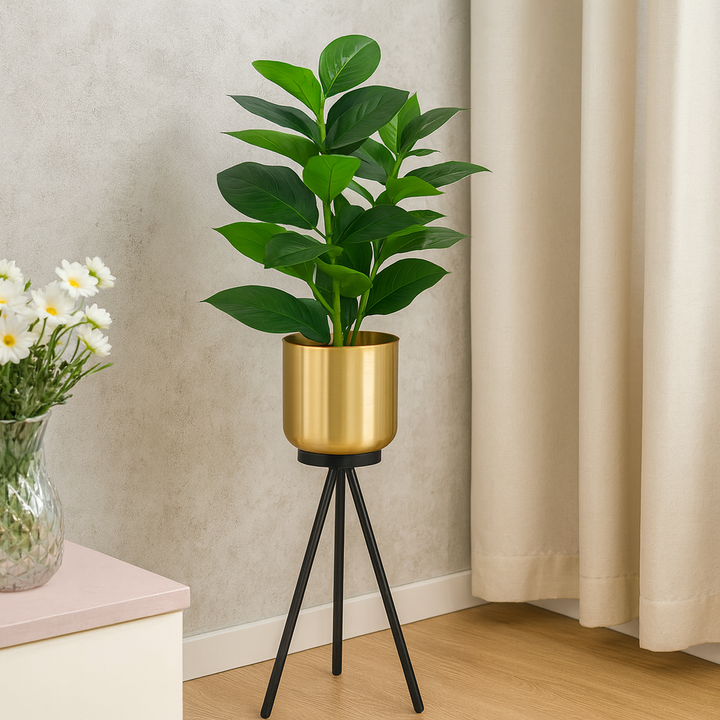 Porta Maceta Dorada Pedestal Negro S