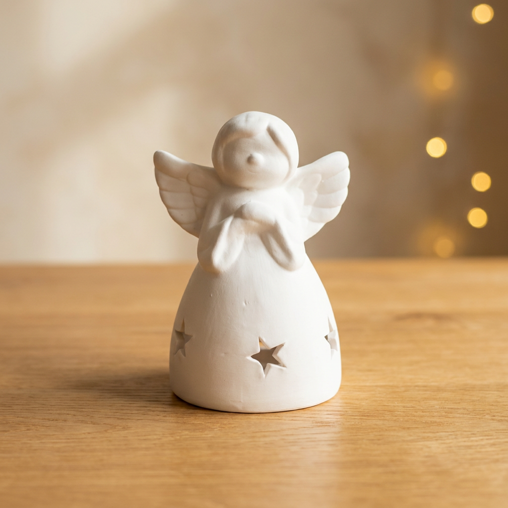 Ángel portavela de cerámica blanca con estrellas caladas