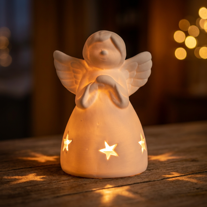Ángel de cerámica encendido con luz saliendo por las estrellas