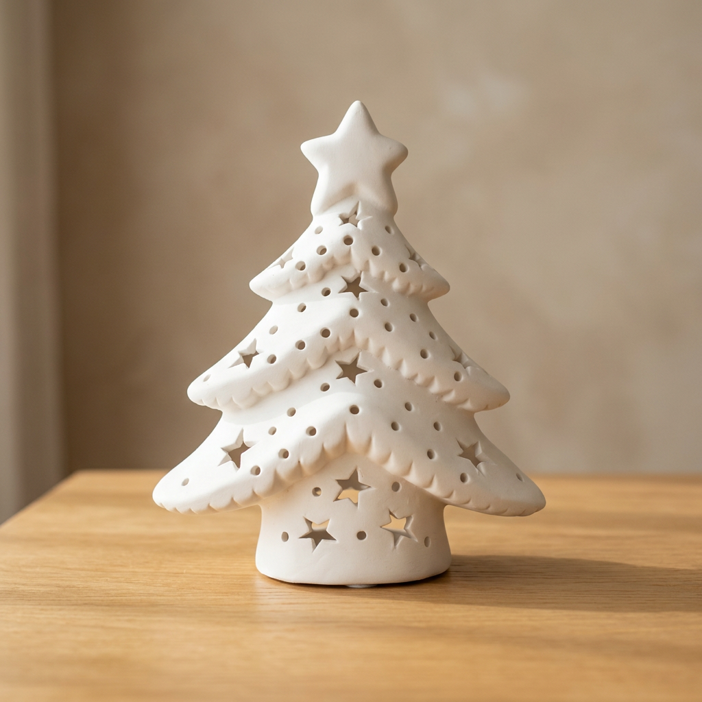 Árbol navideño calado de cerámica blanca sobre mesa de madera