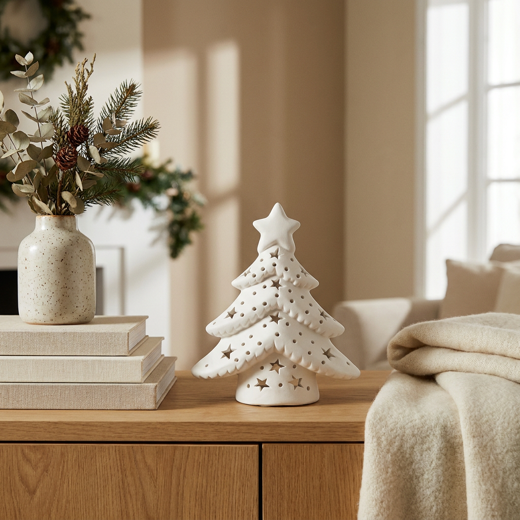 Árbol navideño de cerámica blanca decorando un arrimo de living