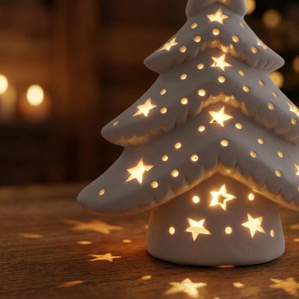 Detalle del árbol de cerámica encendido, luz saliendo por los calados de estrellas