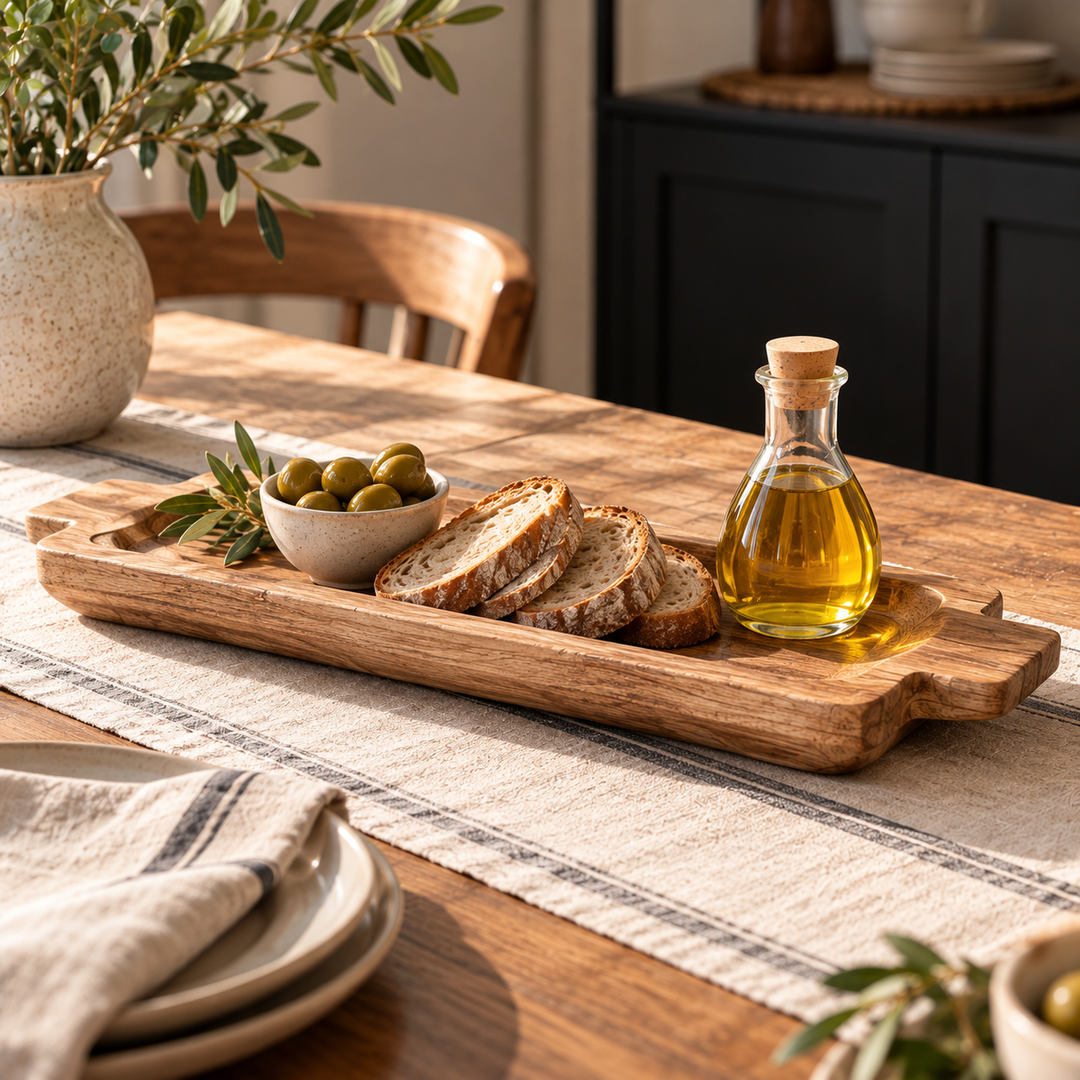 Bandeja de madera ambientada sobre mesa