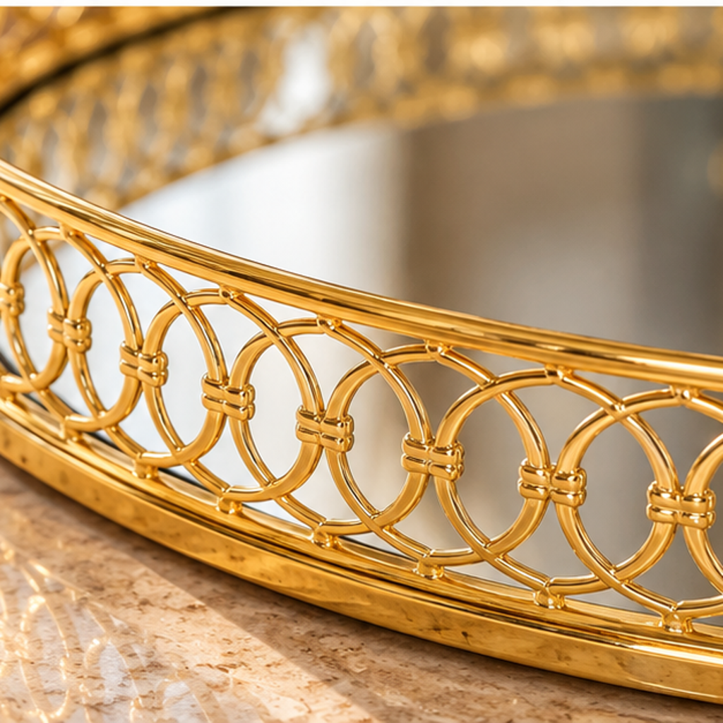 Detalle del borde de aros entrelazados de bandeja dorada