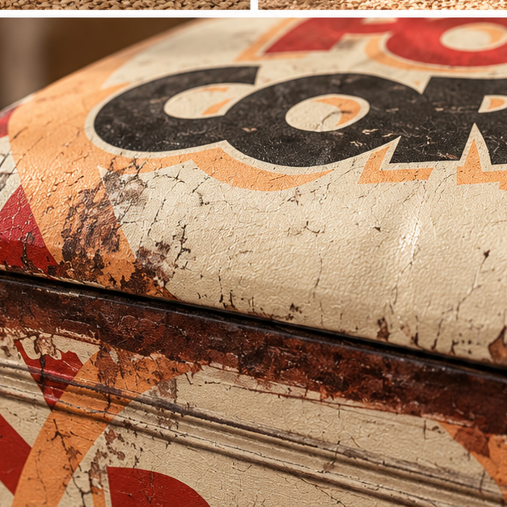 Detalle de textura vintage y letras del Baúl Pop Corn