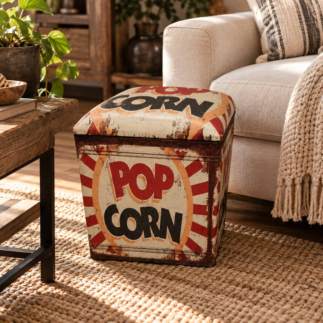Baúl Pop Corn vintage ambientado en living