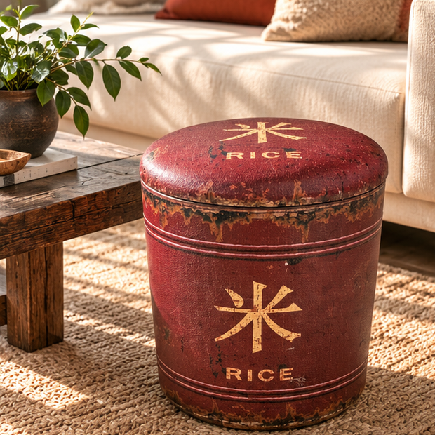 Baúl Rice rojo decorando living