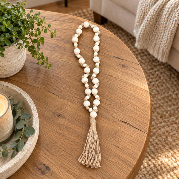 Borla decorativa con cuentas y cordón beige