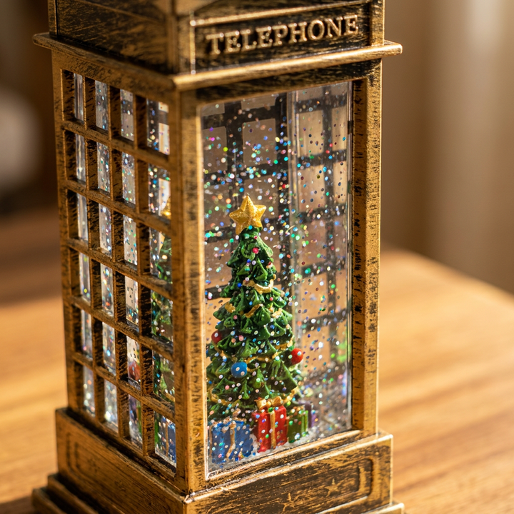 Detalle del árbol de Navidad y la escarcha dentro de la cabina telefónica