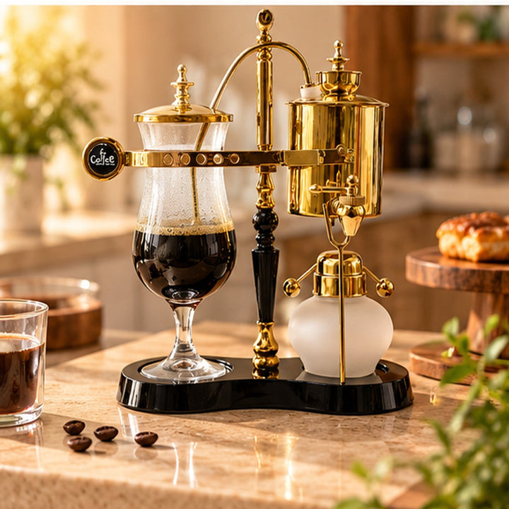 Cafetera belga dorada de sifón sobre encimera elegante