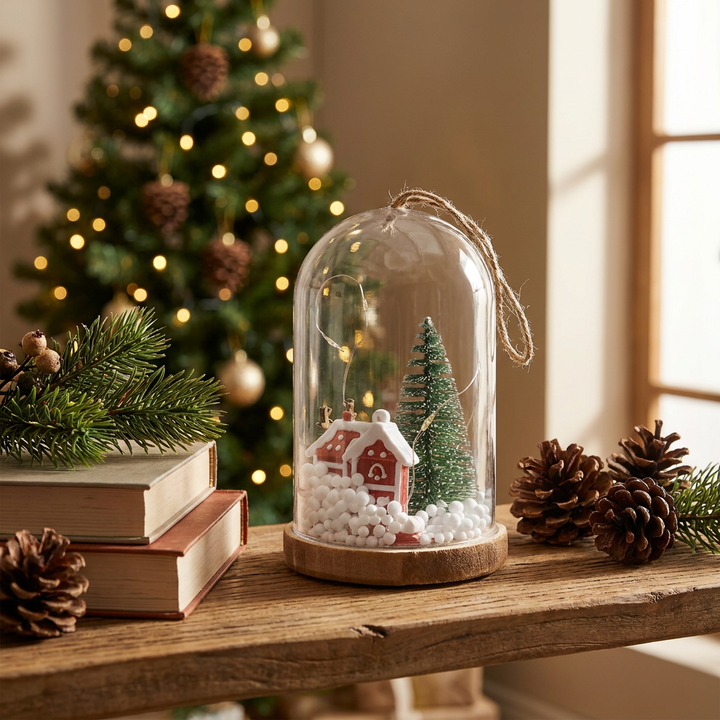 Campana navideña con casita en repisa decorada para Navidad
