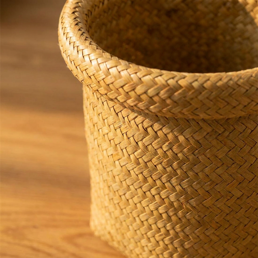 Detalle del tejido de mimbre natural del canasto Casona Deco