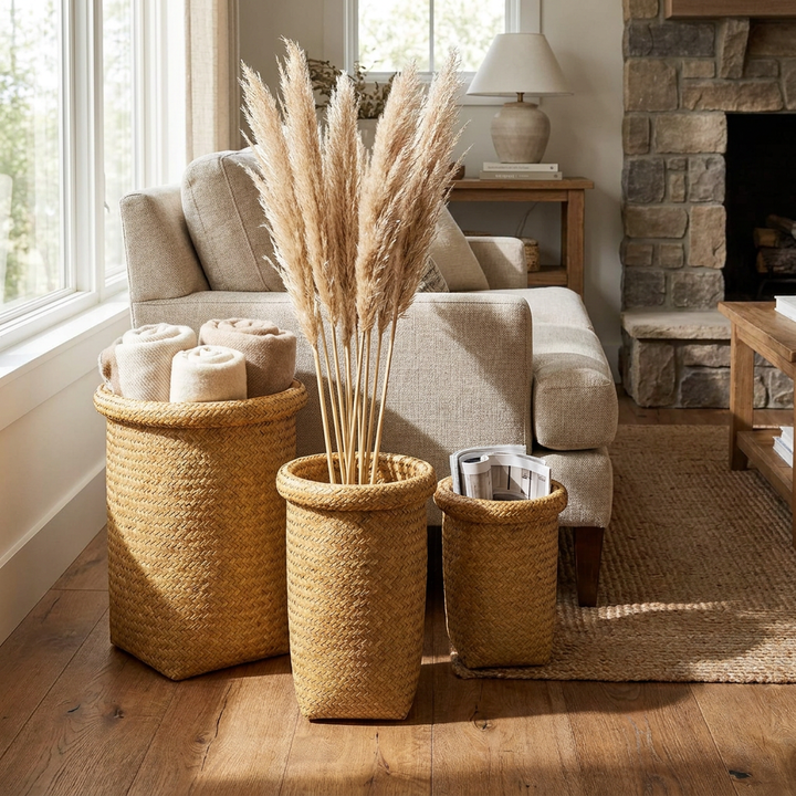 Canastos altos de mimbre ambientados en living Casona Deco