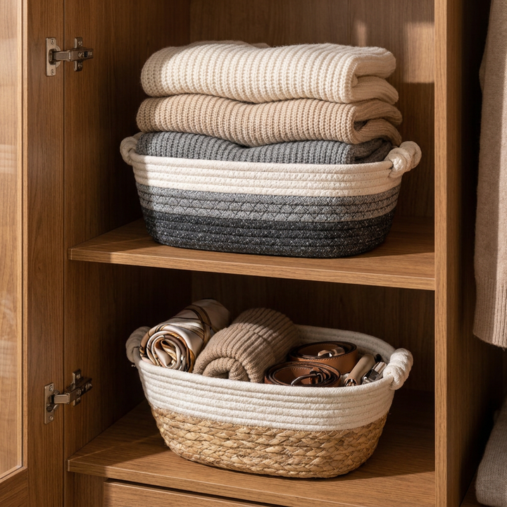 Canastos organizadores ovalados en clóset con sweaters Casona Deco
