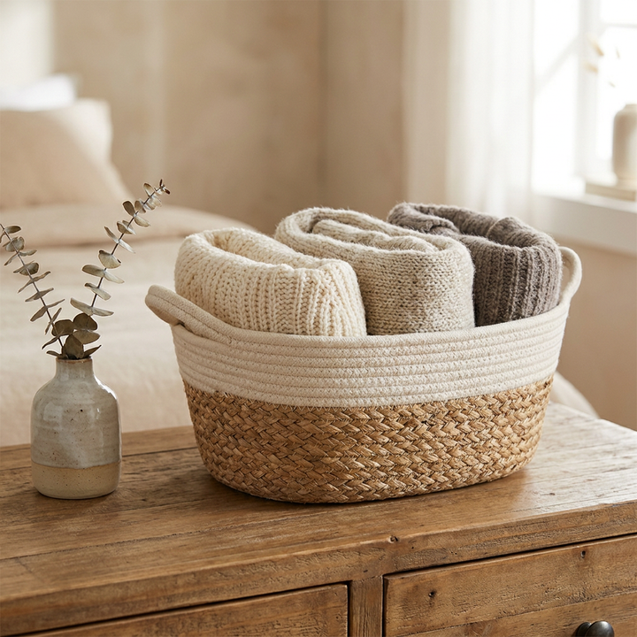 Canasto organizador ovalado beige con sweaters Casona Deco