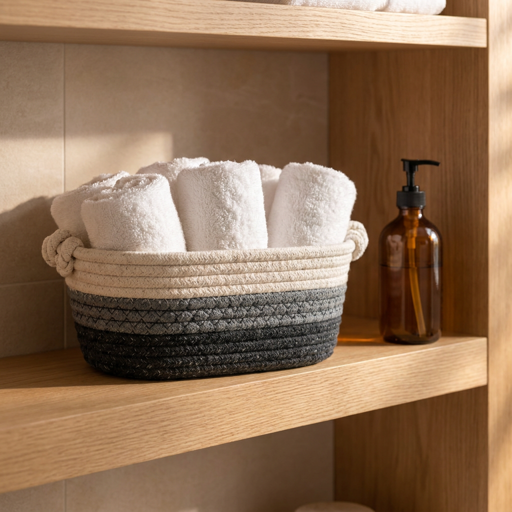 Canasto organizador ovalado gris con toallas Casona Deco