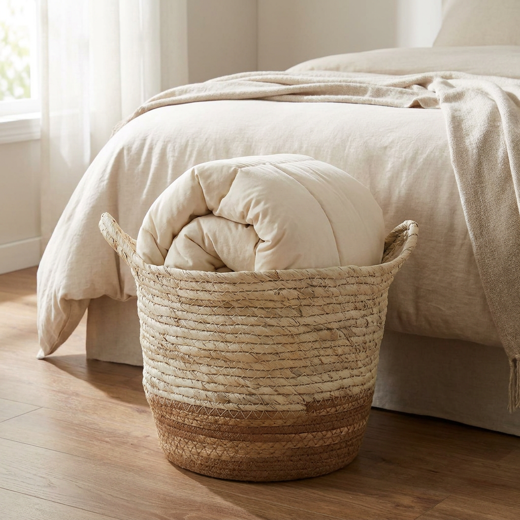 Canasto tejido amplio crema tamaño grande con plumon Casona Deco