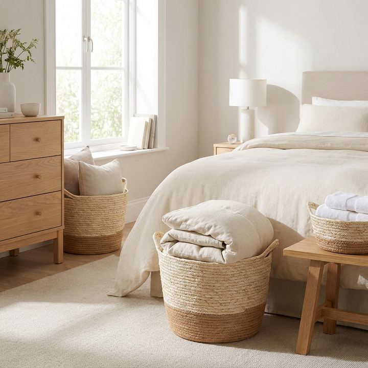Canastos tejidos amplios crema ambientados en dormitorio Casona Deco