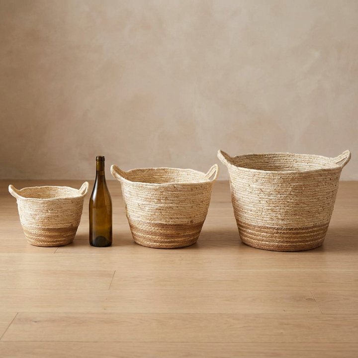 Set de canastos tejidos amplios crema en tres tamaños Casona Deco