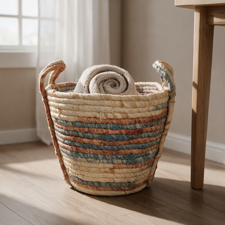 Canasto tejido con asa fibra natural tamaño grande con manta en recibidor Casona Deco