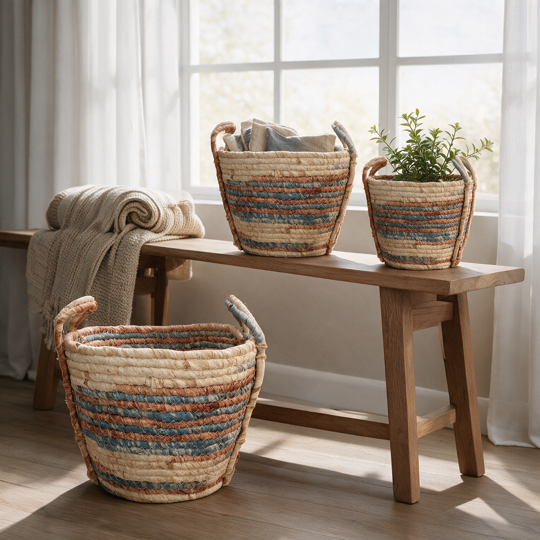 Canastos tejidos con asa ambientados en recibidor con manta y planta Casona Deco