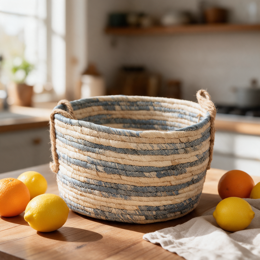 Canasto tejido bajo natural y azul tamaño mediano con frutas Casona Deco
