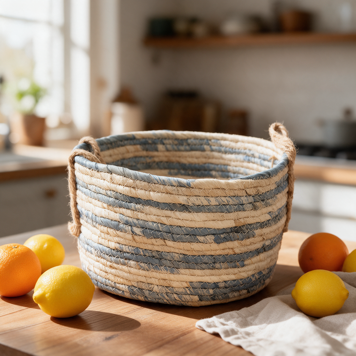 Canasto tejido bajo natural y azul tamaño mediano con frutas Casona Deco