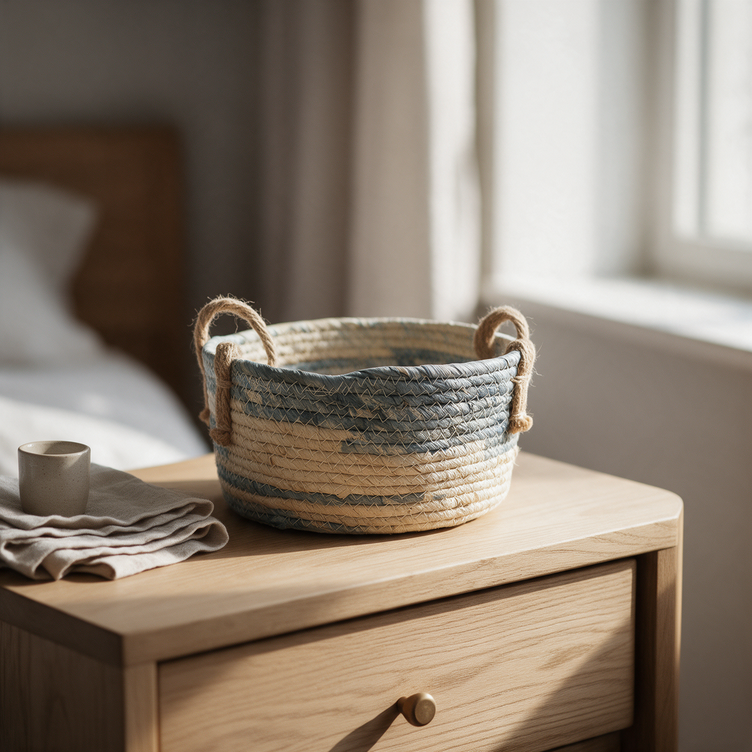 Canasto tejido bajo natural y azul tamaño pequeño con servilletas Casona Deco