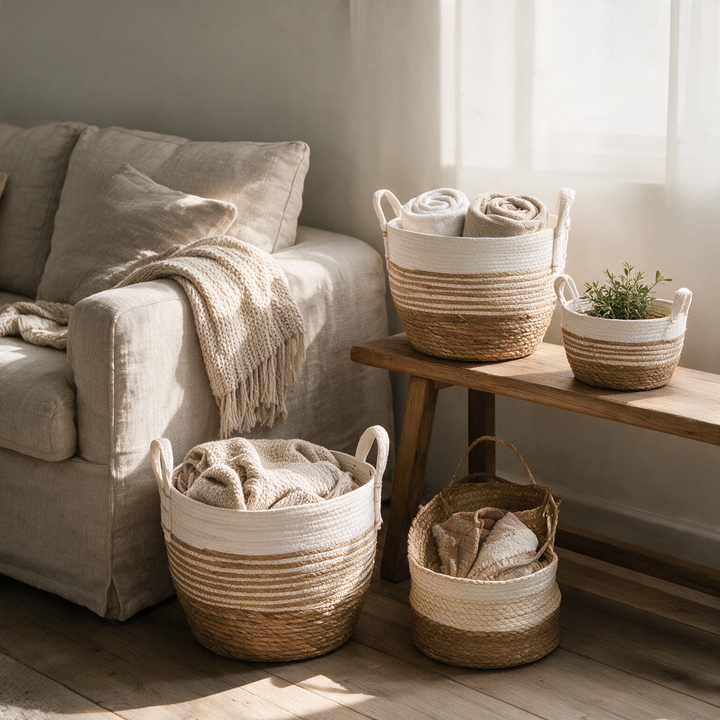 Canastos tejidos bicolor ambientados en living con mantas y toallas Casona Deco