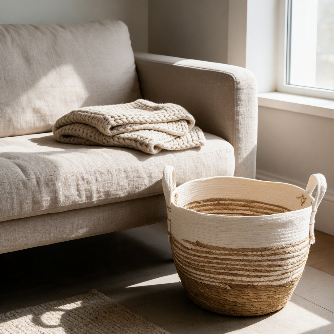 Canasto tejido bicolor natural y crema tamaño grande con manta junto al sofá Casona Deco