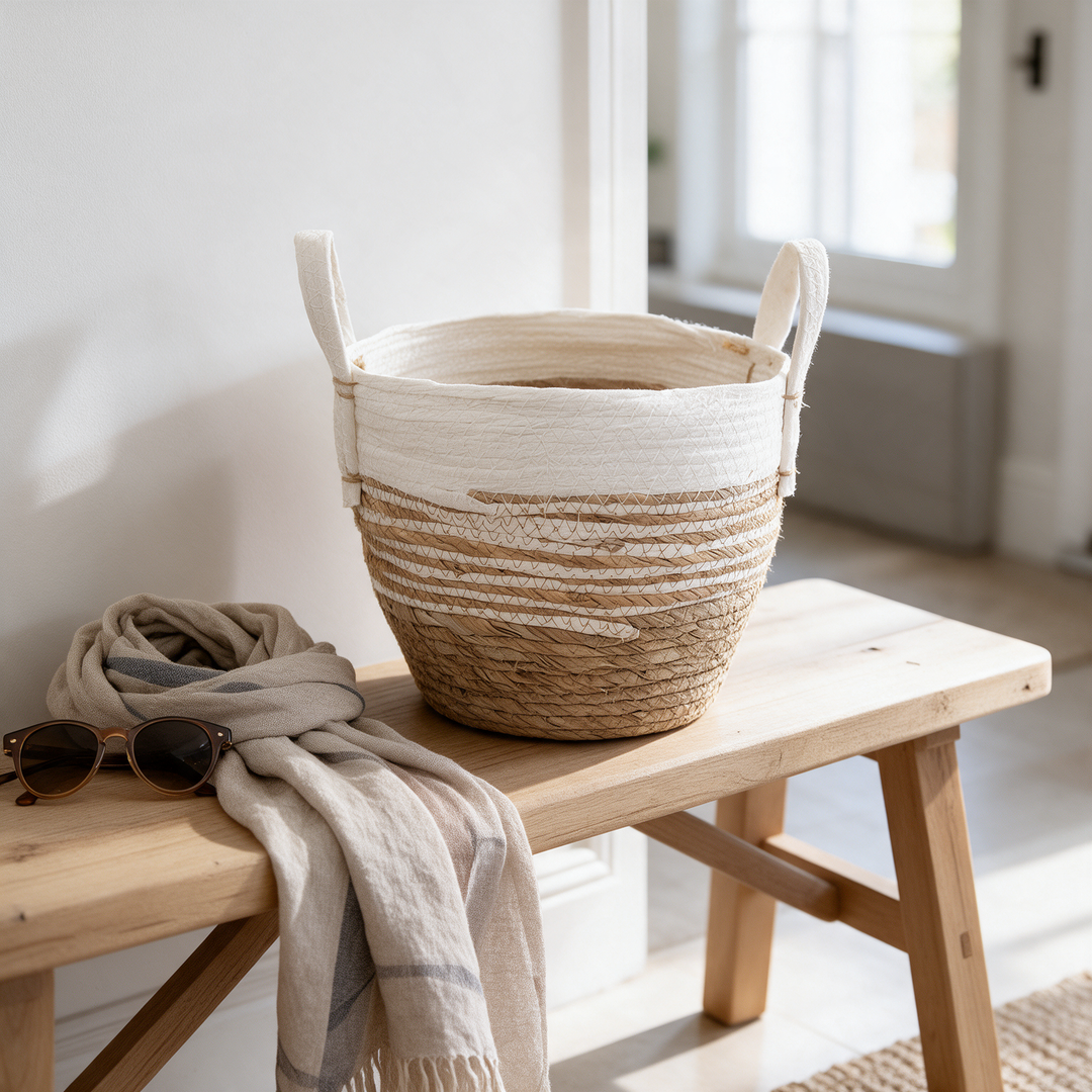 Canasto tejido bicolor natural y crema tamaño mediano en recibidor Casona Deco
