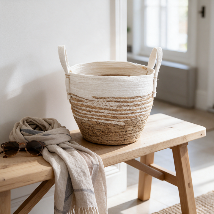 Canasto tejido bicolor natural y crema tamaño mediano en recibidor Casona Deco