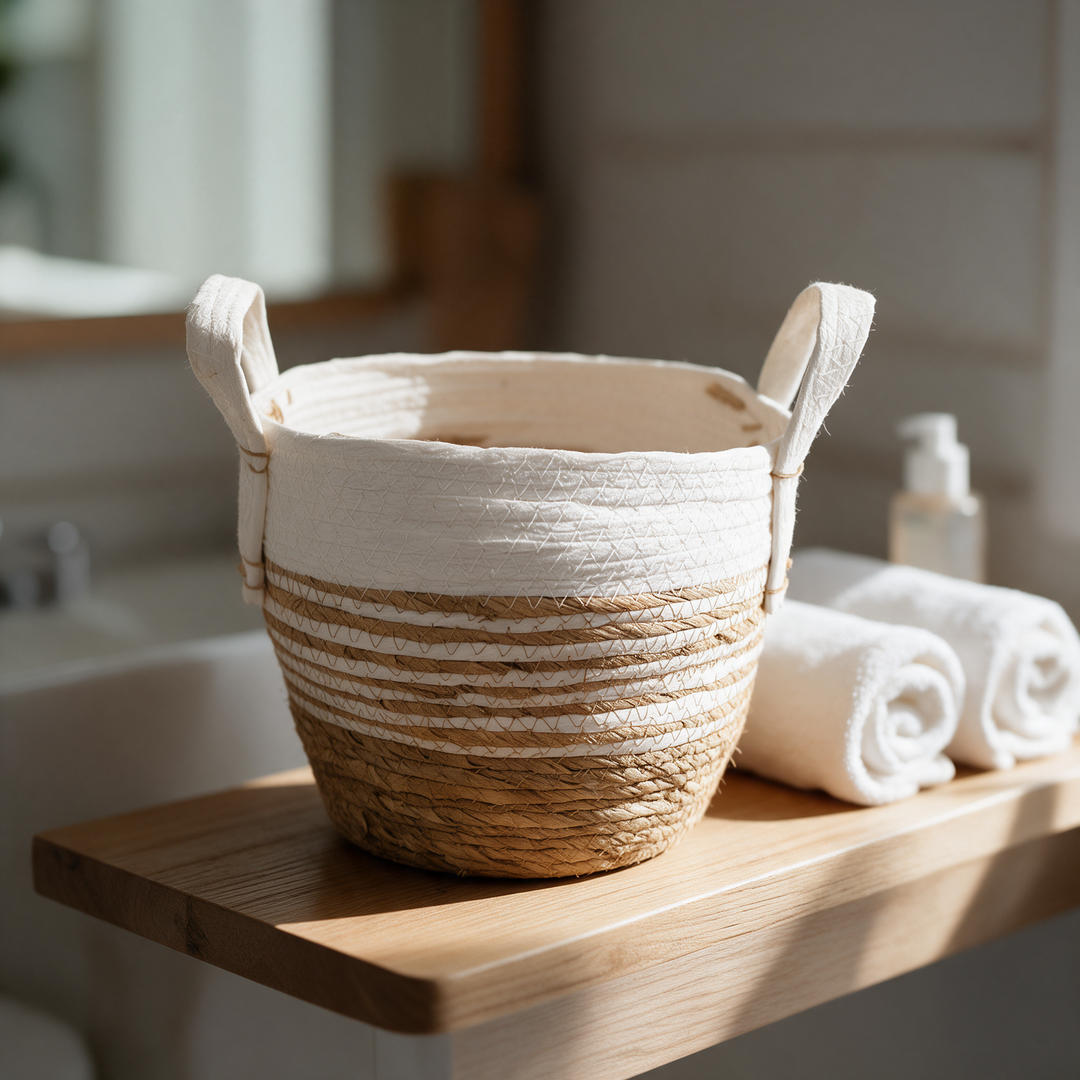 Canasto tejido bicolor natural y crema tamaño pequeño con toallas Casona Deco