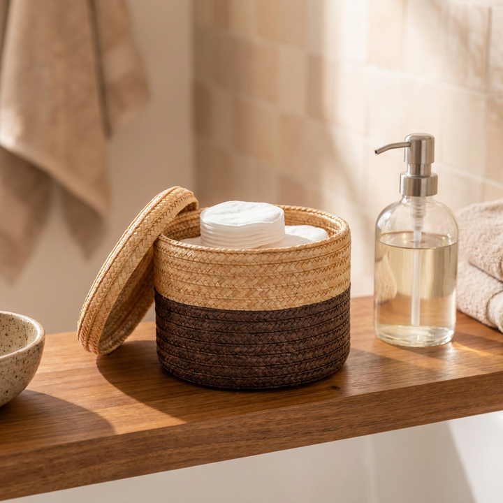 Canasto tejido con tapa tamaño mediano en baño Casona Deco