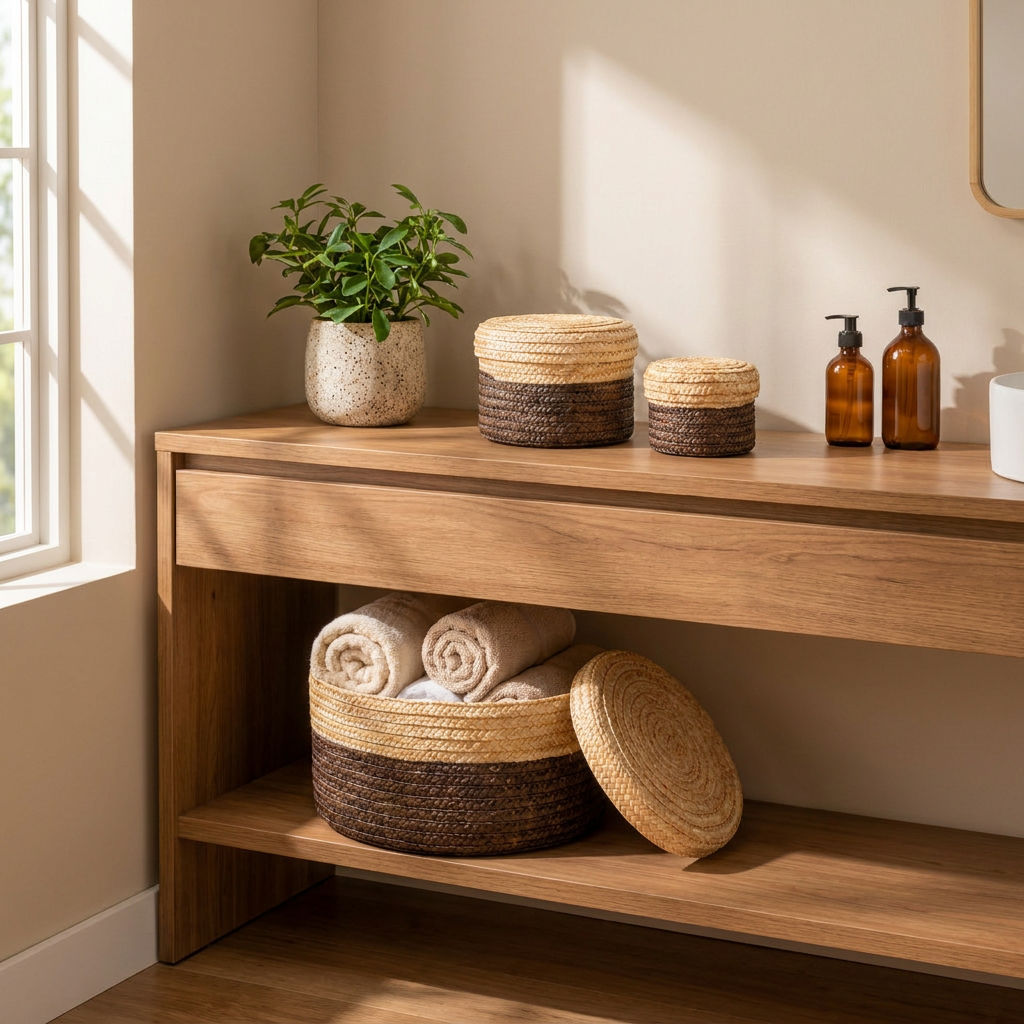 Canastos tejidos con tapa ambientados en baño Casona Deco
