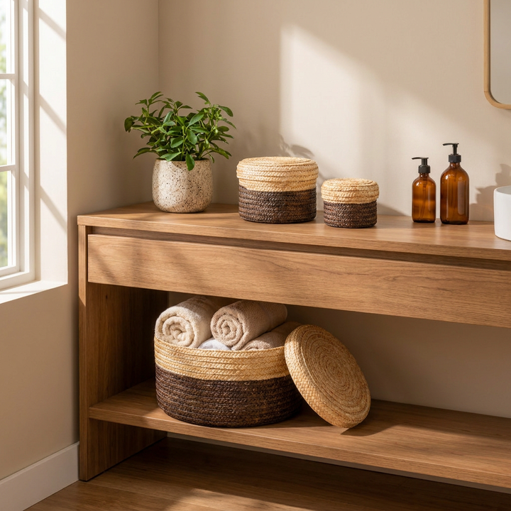 Canastos tejidos con tapa ambientados en baño Casona Deco