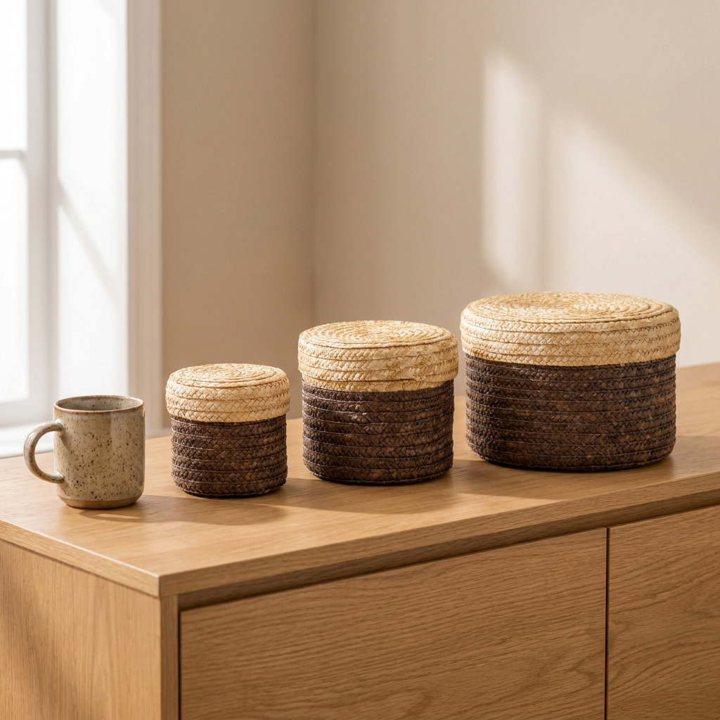 Set de canastos tejidos con tapa natural y café en tres tamaños Casona Deco