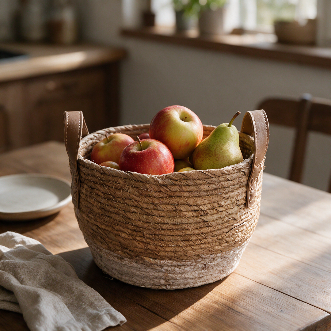 Canasto tejido con manillas de cuerina tamaño mediano con frutas Casona Deco