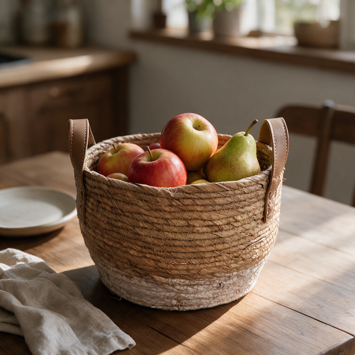 Canasto tejido con manillas de cuerina tamaño mediano con frutas Casona Deco