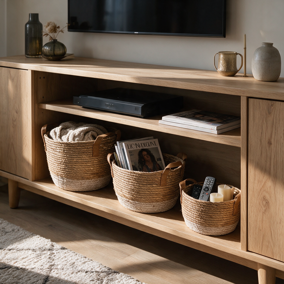 Canastos tejidos con manillas de cuerina ambientados en mueble de living Casona Deco