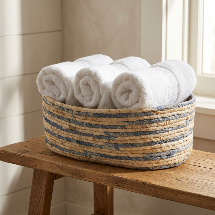 Canasto tejido rectangular bajo azul tamaño grande con toallas de baño Casona Deco