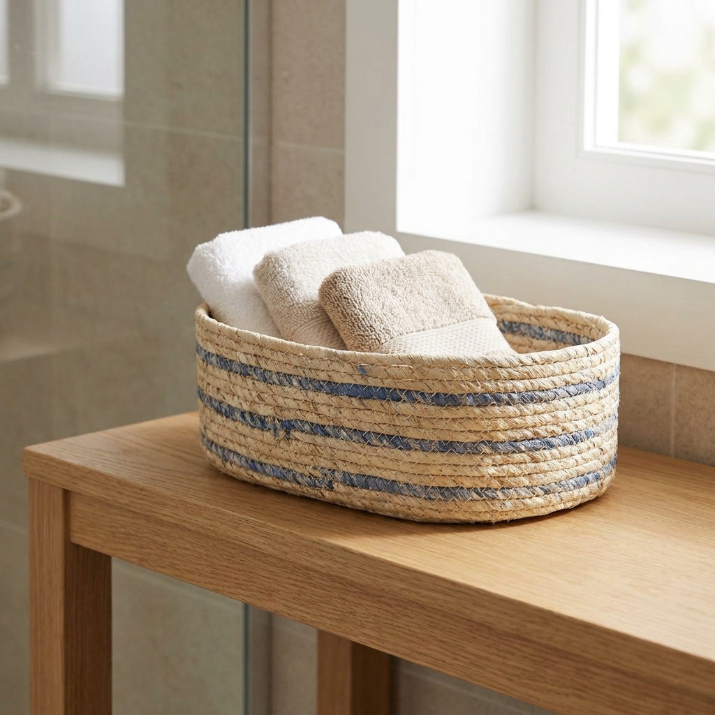 Canasto tejido rectangular bajo azul tamaño mediano con toallas Casona Deco