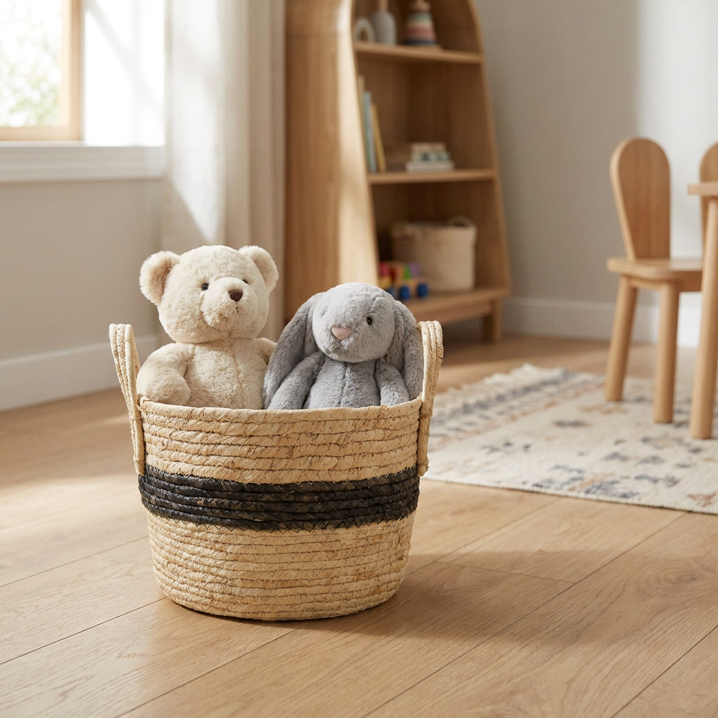 Canasto tejido redondo tamaño mediano con peluches Casona Deco