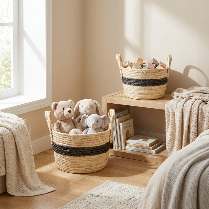 Canastos tejidos redondos con juguetes en dormitorio infantil Casona Deco
