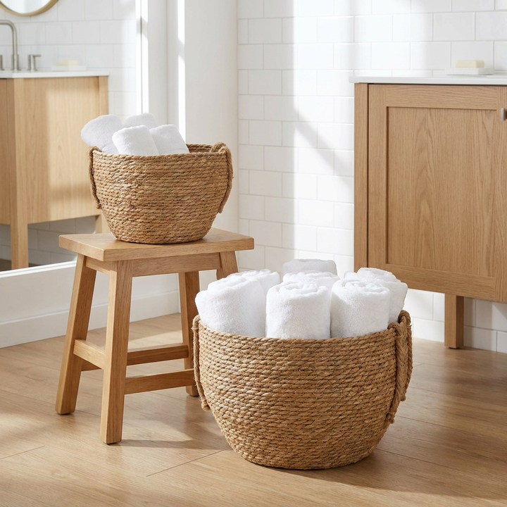 Canastos tejidos redondos con toallas en baño Casona Deco