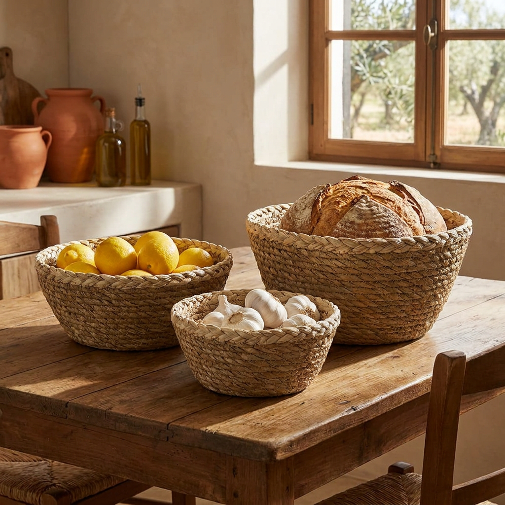 Canastos trenzados bajos con pan, limones y ajos en mesa de cocina Casona Deco