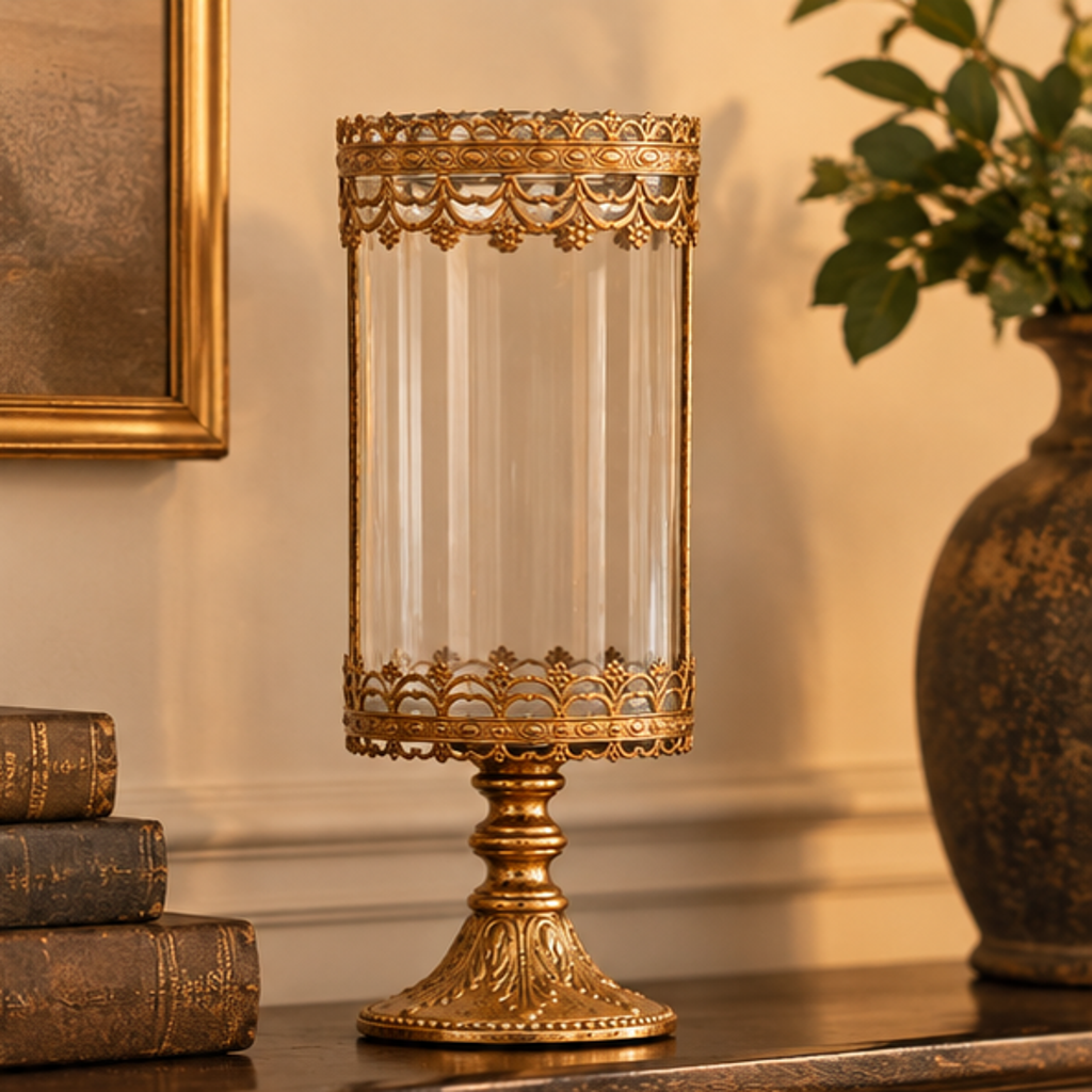 Candelabro dorado 6J7041G con cristal sobre consola clásica